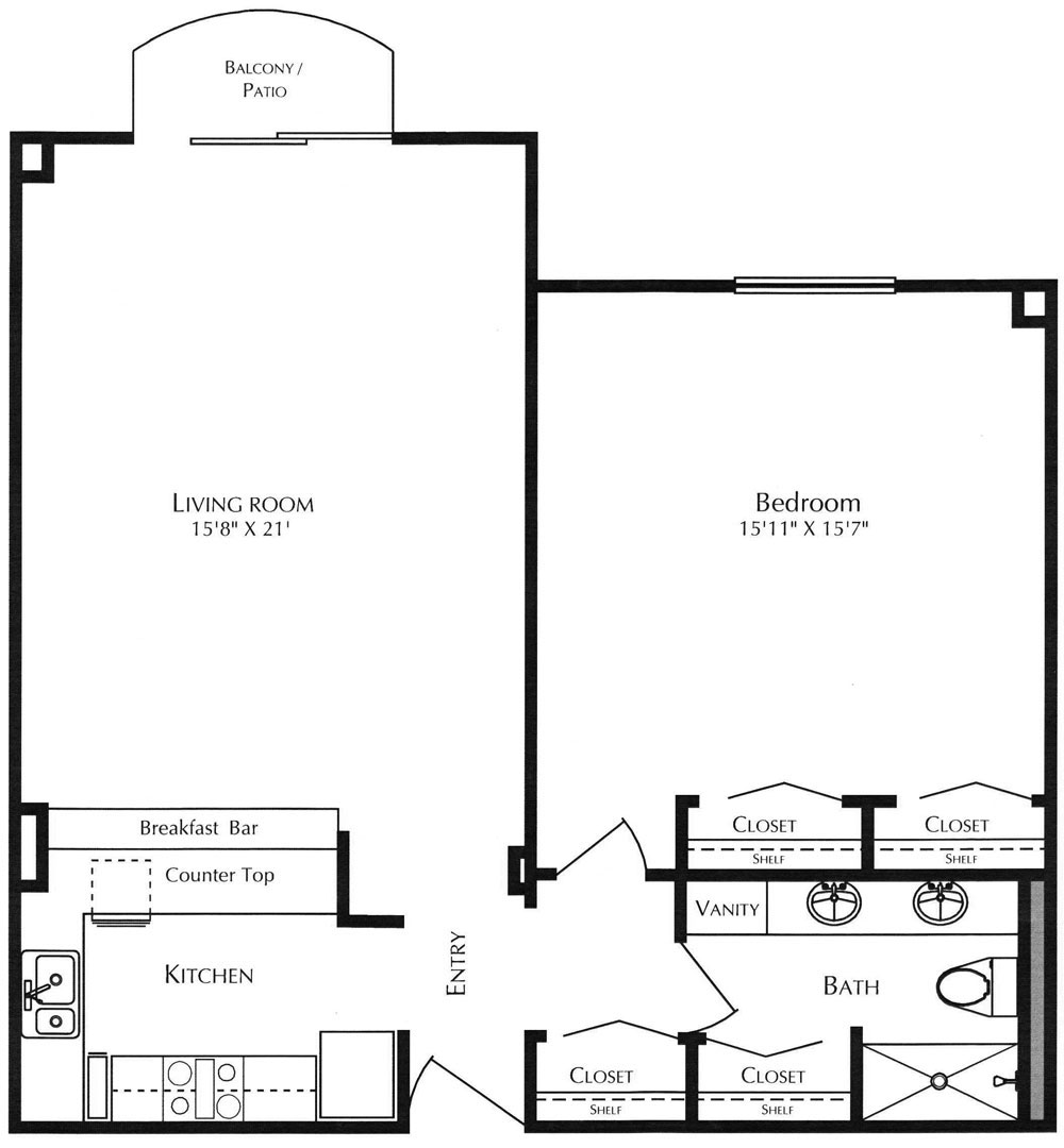 A one bedroom cartright floor plan at Kingswood Senior Living Located in Kansas City, MO.