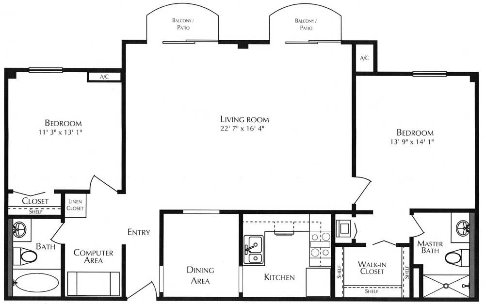A two bedroom kirkham floor plan at Kingswood Senior Living Located in Kansas City, MO.
