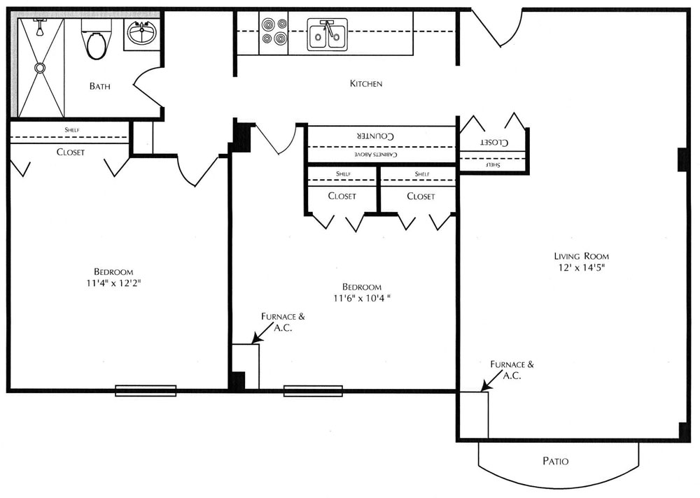 A two bedroom kirkham floorplan at Kingswood Senior Living Located in Kansas City, MO.