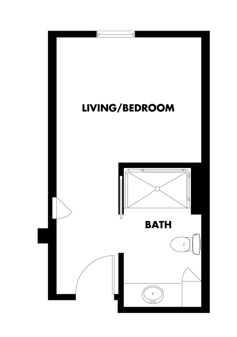 A studio apartment floor plan at Kingswood Senior Living Located in Kansas City, MO.