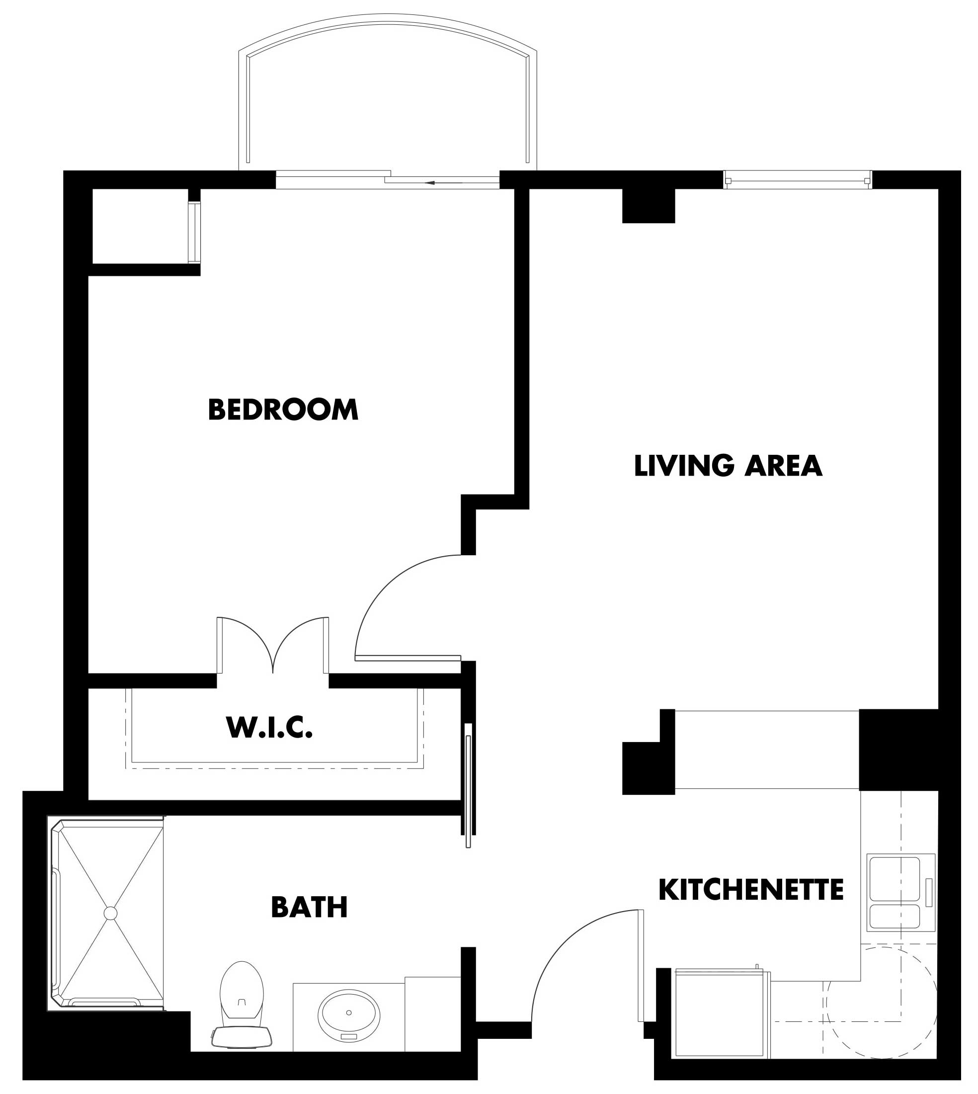 A one bedroom kensington floor plan at Kingswood Senior Living Located in Kansas City, MO.