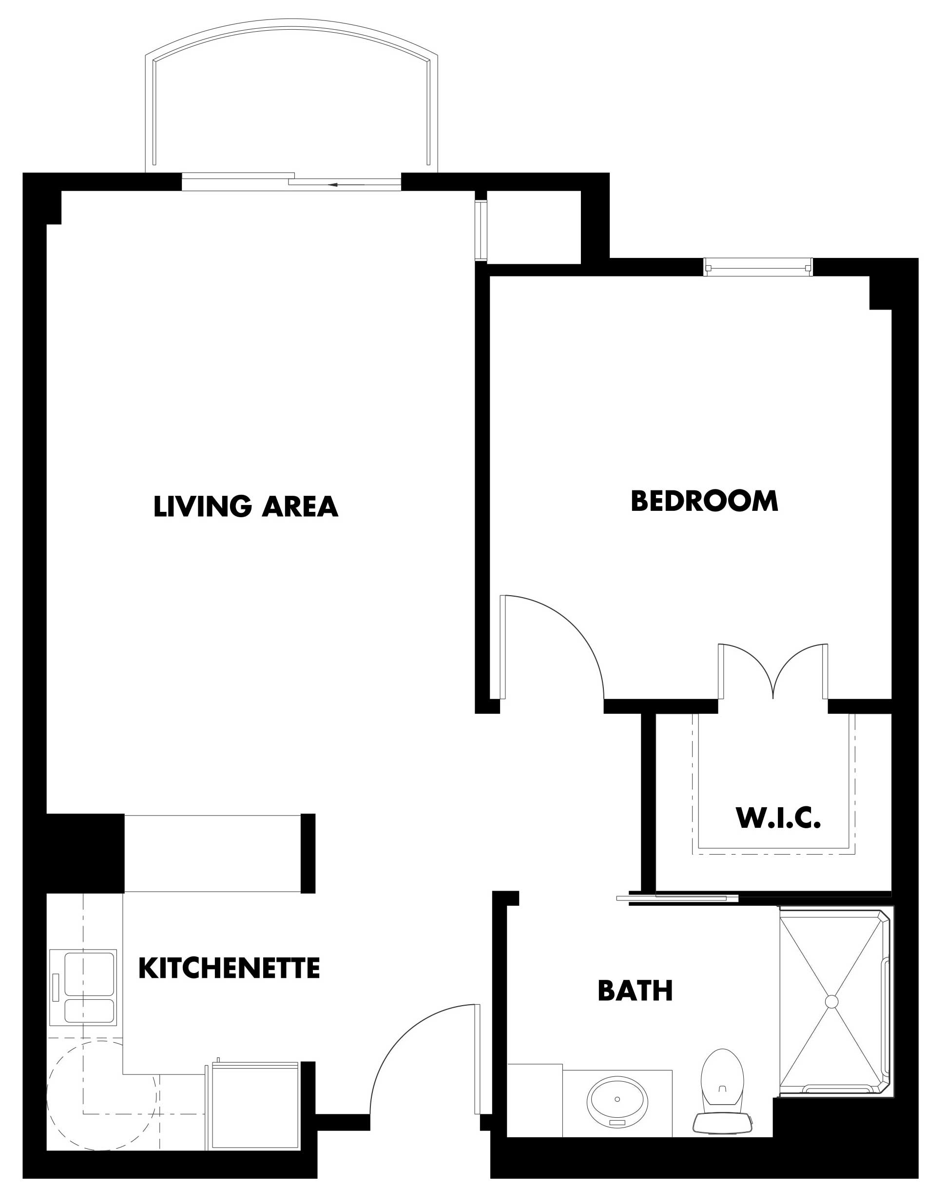 A one bedroom Kensington floorplan at Kingswood Senior Living Located in Kansas City, MO.