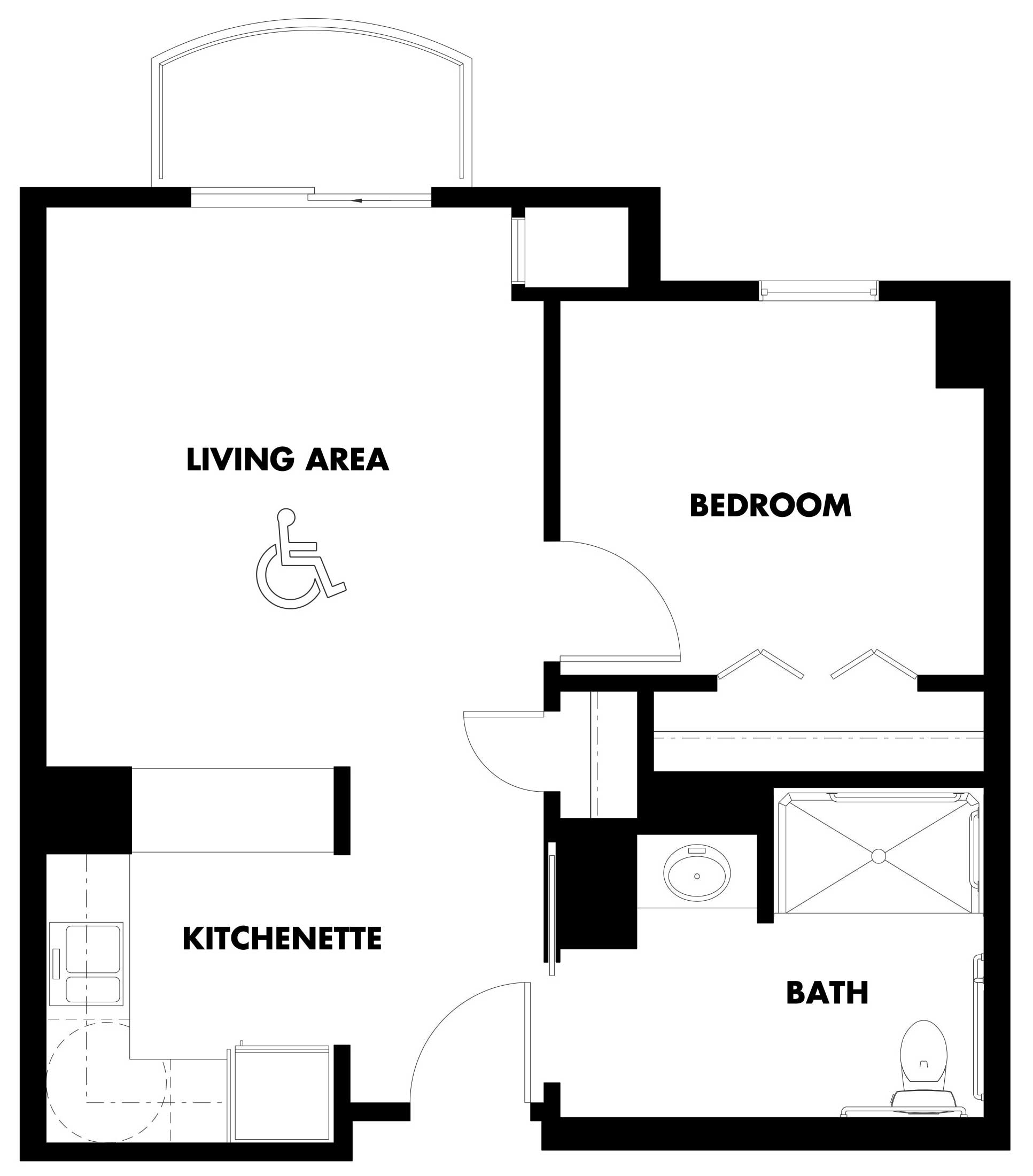 A one bedroom kensington floor plan at Kingswood Senior Living Located in Kansas City, MO.