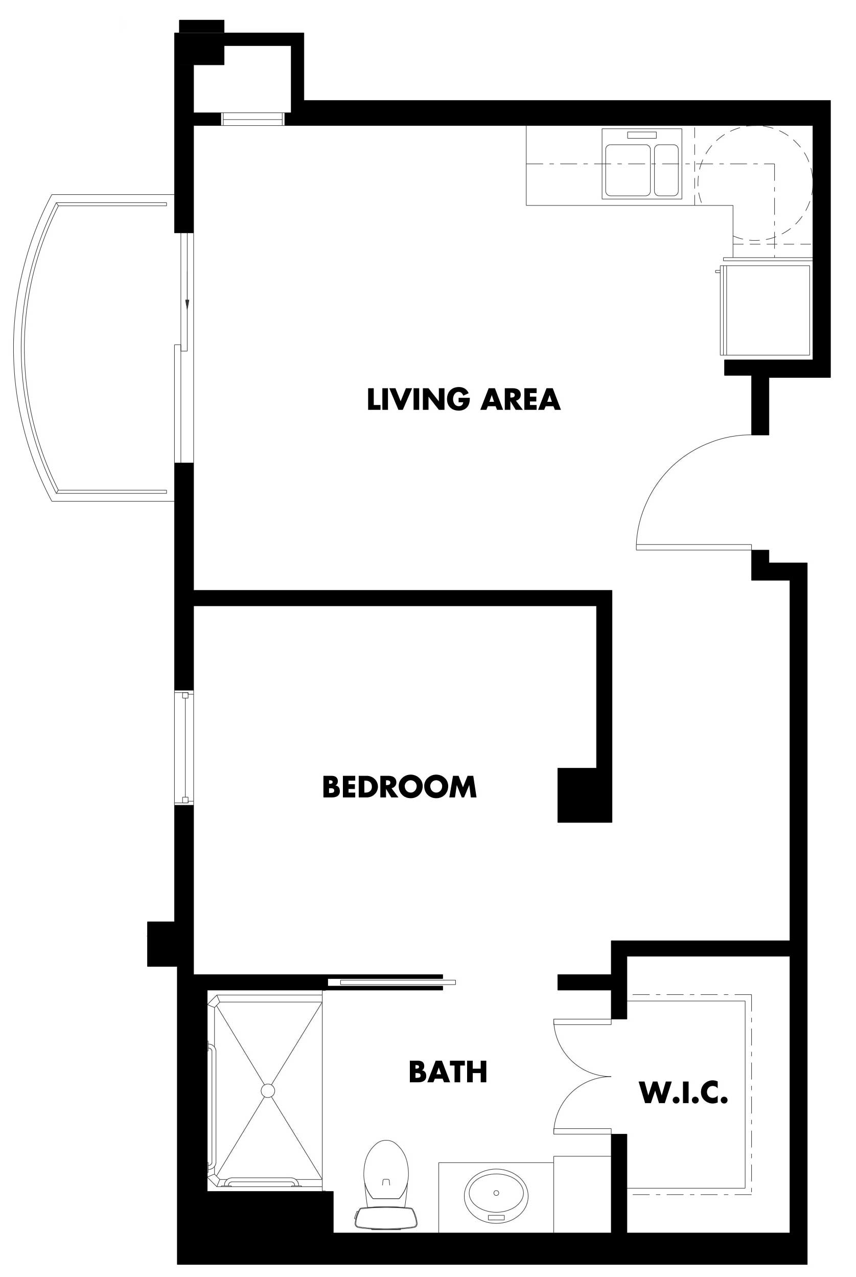 a one bedroom kensington floor plan at Kingswood Senior Living Located in Kansas City, MO.